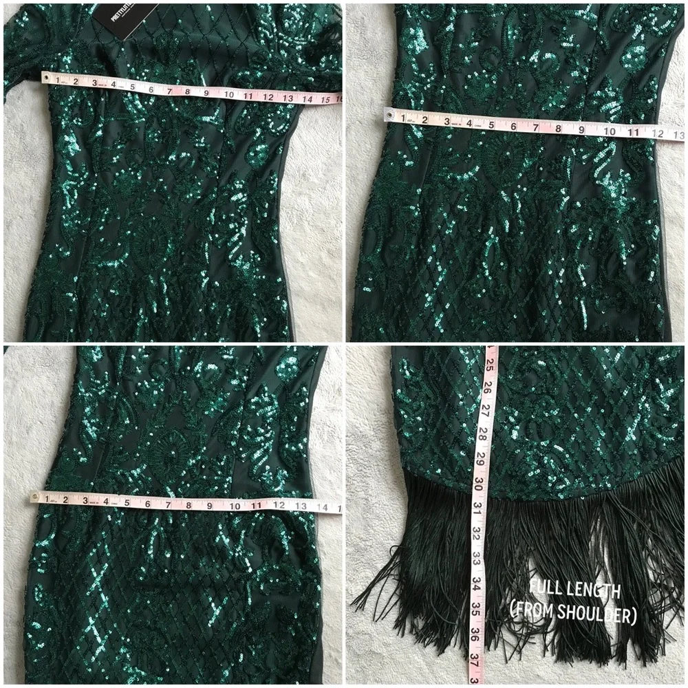 NWT PrettyLittleThing Emerald Green Sequin Fringe Tassel Bodycon Party Dress 2 - Picture 13 of 13